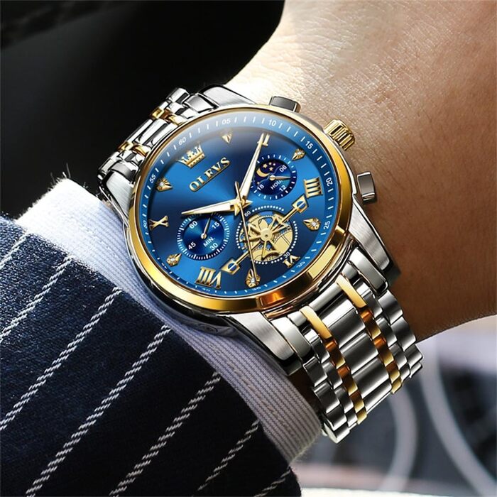 Чоловічий годинник-хронограф OLEVS: водонепроникний кварцовий годинник зі сталевим ремінцем (золото-срібло) та синім циферблатом, бізнес-стиль