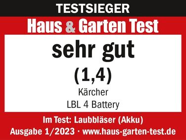 Kärcher 36 V Battery Leaf Blower LBL 4 Battery, Air Speed: 250 km/h, 2 Power Levels, Detachable Blowing Tube, Flat Nozzle with Scraper Edge, Usable with the Kärcher 36-V Battery, Battery not included.