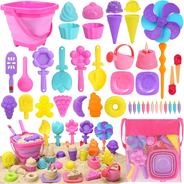 Joyreal 46-Piece Sand Toy Ice Cream Set for Girls and Boys - Sandbox Toys, Beach Toys, Kids with 4 Sand Shovels, Bucket, Sand Molds, Mesh Bag for Kids