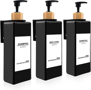 Настінний дозатор для мила Roselee (3 шт.), 500 мл - для ванної кімнати, без свердління, для шампуню, гелю для душу, з етикеткою (Чорний-3)