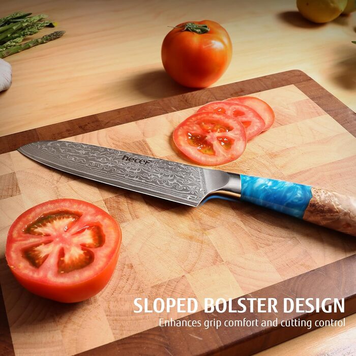 Японський ніж Hecef Damast з високоякісною ручкою з харчової смоли, 20 см. Професійний ніж для кухні з 67 шарів дамаської сталі, гострий, з захистом для леза. Ідеальний подарунок шеф-кухарю та поціновувачу кулінарії.