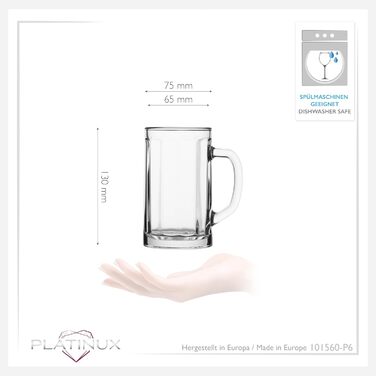 Набір пивних склянок PLATINUX Bierseidel 6 шт, 300 мл (макс. 350 мл), прозорі скляні кружки з ручкою для пива, 0.3л