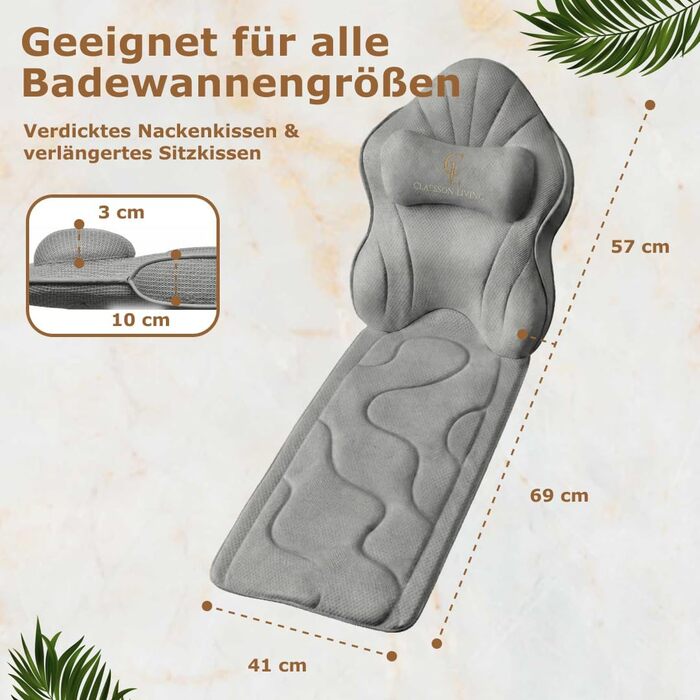 Подушка для ванни повного тіла 126x41см з підголовником - килимок для ванни з підтримкою шиї, спини та ніг. Біла (антрацит). З мішком для прання та гачком для сушки.