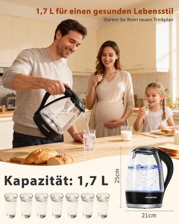 Електричний чайник Aigostar Adam, 1.7 л, 2200 Вт, LED, скло, без BPA, з фільтром від накипу, чорний