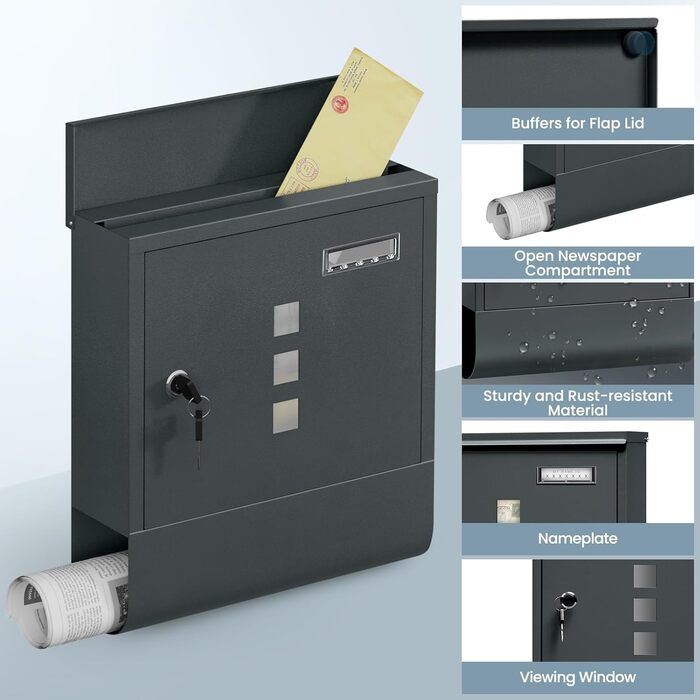 Поштовий ящик WOLTU з газетницею та вікном для імені, замиканий, 2 ключі, антрацит, 30.5x33.5x9 см