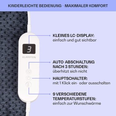 Електрична ковдра Klarstein XXL з підігрівом 120W, автоматичним вимкненням, для ліжка, дивана та кемпінгу, велика, енергозберігаюча, пральна, сіра (200x180 см)