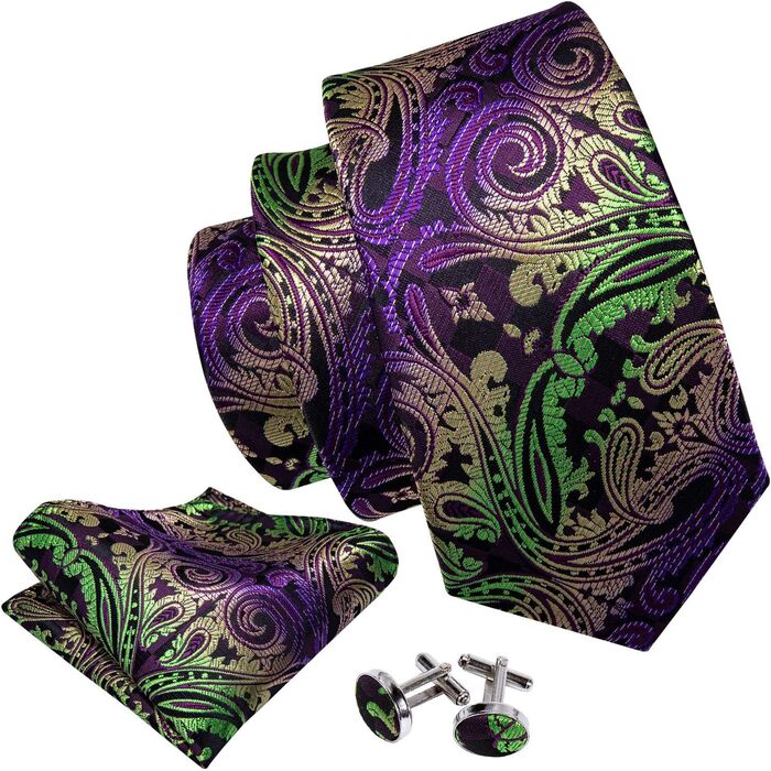Краватка чоловіча Barry.Wang однотонна павлижий візерунок сатин з нагрудною хустинкою для весілля, золотисто-фіолетова