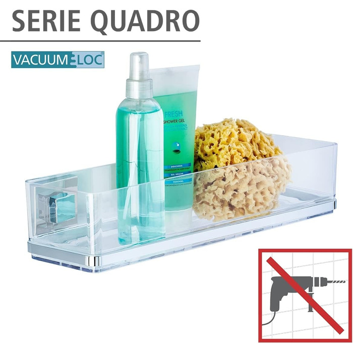 WENKO Vacuum-Loc Bathroom Wall Shelf Quadro Maxi, 2 tiers, with removable bowl, mounting without drilling, stainless steel/plastic, 38.5 x 8.5 x 14.5 cm