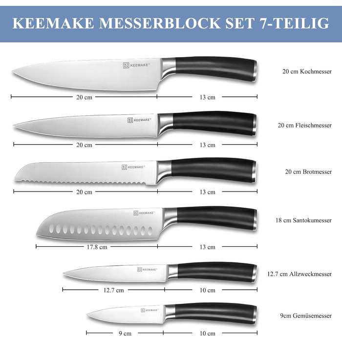 Набір кухонних ножів Keemake 7 предметів з дерев'яним блоком, професійний набір ножів з нержавіючої сталі
