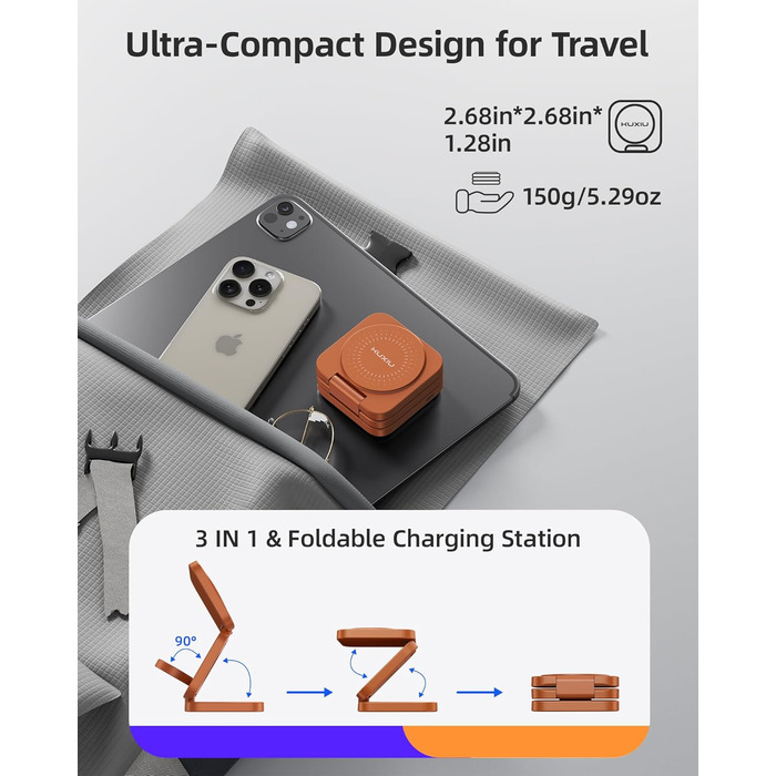 Зарядний пристрій KU XIU X55 Turbo Qi2.2 25W Magsafe 3-в-1: для Apple Watch, iPhone 17-12 та AirPods, помаранчевий