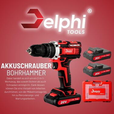 Акумуляторний шуруповерт DELPHI 20V: комплект з 2 акумуляторами, 50Nm, 2 швидкості, 25 ступенів моменту, LED-ліхтар, 34 аксесуари в кейсі для DIY-проєктів