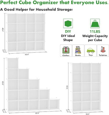 C&AHOME Cube Storage Shelves, 16-Cube Unit, Closet Organizer, DIY Plastic Modular Shelves, Ideal for Bedroom, Living Room, Office, 122 cm L x 31 cm W x 122 cm H, Opaque White, UPCS16M