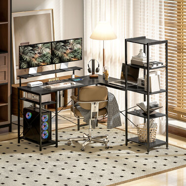HOMCOM Desk, L-Shaped Computer Desk 137 x 140 x 139.5 cm Corner Desk with 6 Shelves, Office Desk with Monitor Stand, USB, Socket, for Home Office, Office, Black | Aosom