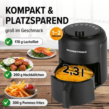 Фритюрниця повітряна GOURMETmaxx 2.3L з таймером 60 хв та 9 функціями | Енергозберігаюча, без запаху, 1000 Вт