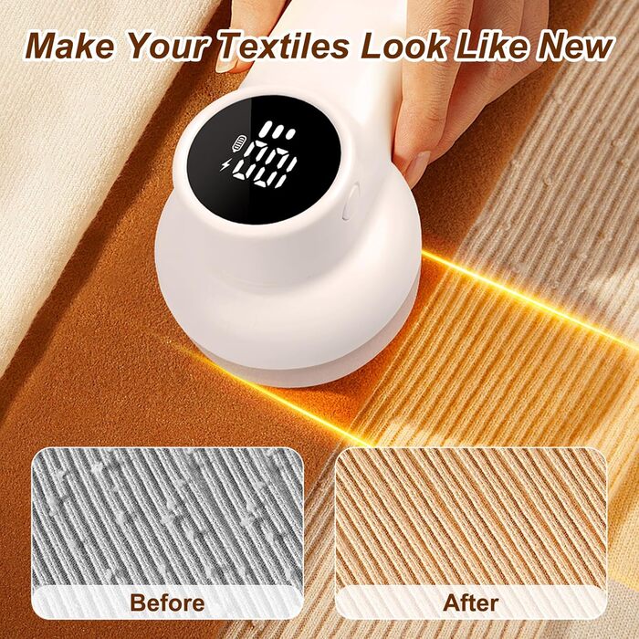 Електричний видалення ворсу ELZO - портативний, бездротовий, з LED-дисплеєм, 3 швидкості, 2 змінні насадки, для одягу, ковдр, білий