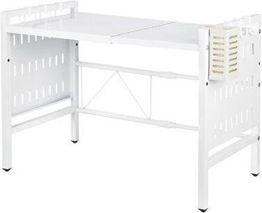 Поличка для мікрохвильової печі 3-ярусна з гачками, розширювана, висувна, 40-64 см, з вуглецевої сталі (біла з перфорованим листком, 42-68*36*46 см)