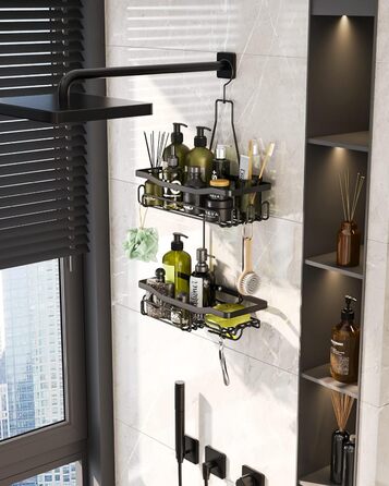 HapiRm Shower Shelf to Hang with Razor Holder & Soap Holder, Hanging Shower Shelf with Multiple Hooks - High-Quality Hanging Shower Basket Stainless Steel No Drilling, Black