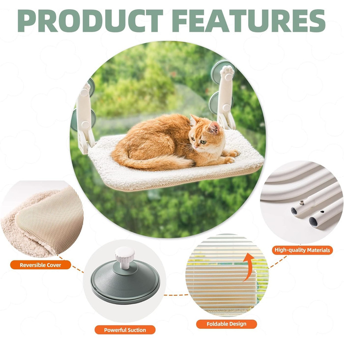 EWOOFUN Cat Hammock Window Perch 54x30cm Cat Bed Window Hanging - Reversible Hammock - Cat Window Lounger with Upgraded Suction Cups up to 18kg (Beige, L)