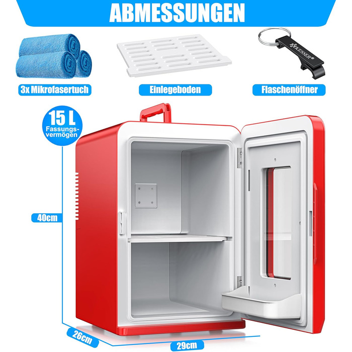 KESSER® Міні холодильник/термобокс 15L з охолодженням та підігрівом, AC/DC 220-240V/12V, для авто, офісу, кемпінгу, червоний