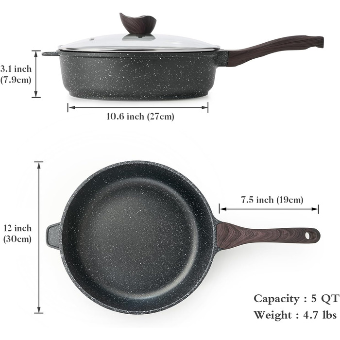 Сковорода з антипригарним покриттям Kordisen з кришкою, 30 см. Велике гранітне покриття, сумісна з індукцією, здорове кам'яне посуд, без PFOA. Класична гранітна сковорода 30 см