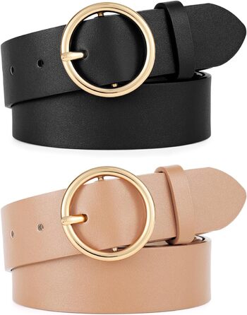 Жіночі шкіряні ремені WERFORU: 2 шт. для джинсів та штанів. Стильні ремені з золотою кільцем. Розмір: 65-75 см та 76-86 см (чорний+хакі)