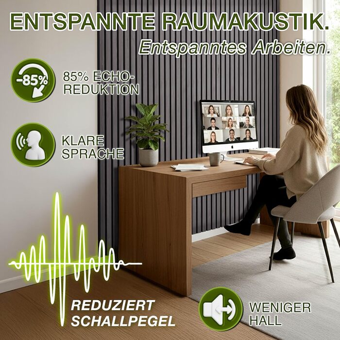 Акустичні панелі TRESKO з дерева 120×60x2,1 см, 2 шт. — 3D стінові ламелі для шумоізоляції, колір Дуб Антрацит, з набором для монтажу та 4 вішаками