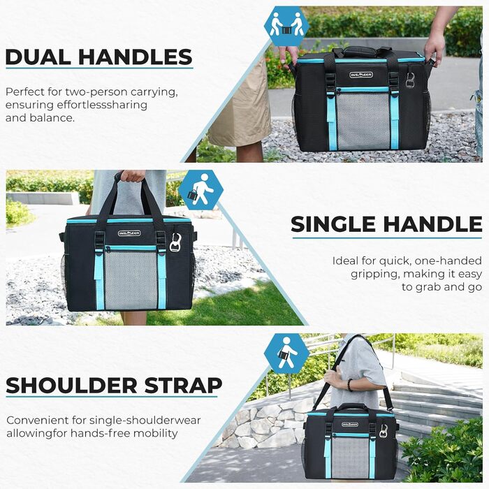 INSMEER Кулер для їжі та напоїв 50 л, великий, складний, для 80 банок, витримує витоки, з відкривачем, для пікніків, кемпінгу, пляжу, сімейних поїздок на 4 особи, чорний