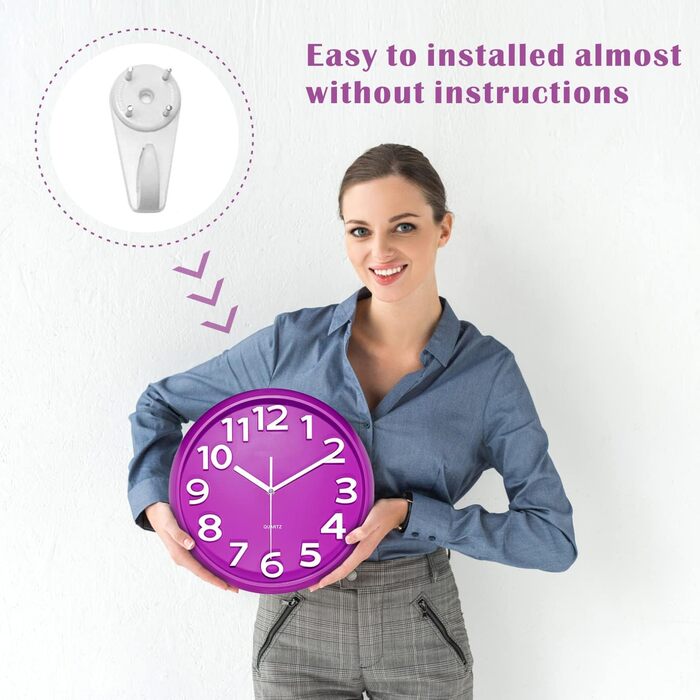Plumeet 40.6cm Extra Large Wall Clock, Non-Ticking Silent Quartz Decorative Clocks, Modern Style Good for Living Room, Kitchen, Living Room, Bedroom, Office, Large 3D Number Display, (White) (25 cm, Violet)