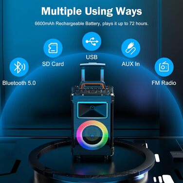 Караоке система JYX з 2 бездротовими мікрофонами, великим гучномовцем, Bluetooth, колесами та диско-світлом, сабвуфером PA, підтримкою TWS/USB/SD/AUX/Rec (Чорний)