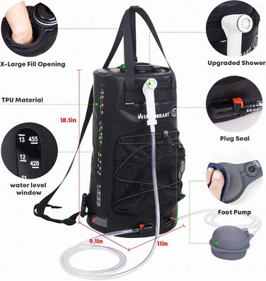 WILD HEAT Camping Shower 12L 22L Portable Shower for Camping with Foot Pump and Shower Bag Backpack