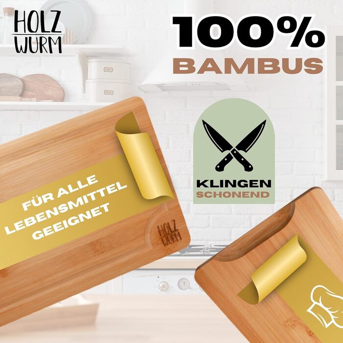 Дерев'яна дошка для нарізання Holzwurm, набір 3 шт. — дошки з глибокими жолобами для соку, безпечні для ножів, легко мити, для кухні та сніданку