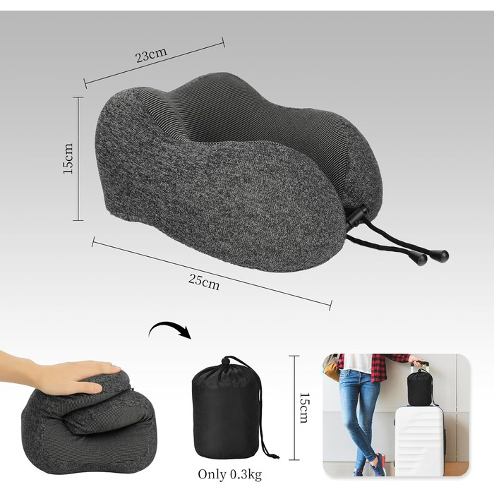 Подушка для шиї з Memory Foam, підтримка голови, набір для подорожей: маска для сну, навушники, чохол, м'яка подушка для сну в авто, літаку, офісі та вдома (Сірий)