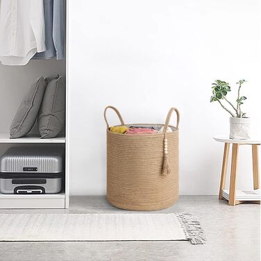 Hand-Woven Storage Basket with Handles, Decorative Cotton Rope Basket, Wood Bead Decoration for Blankets, Toys, Clothes, Living Room, Home Decor, 27.9 cm, White (Brown, 15