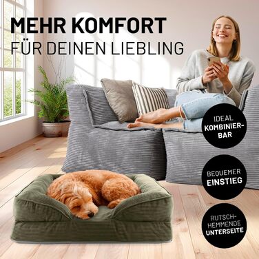 Ортопедичне собаче ліжко Lumaland з корду | Собаче ліжко-софа 70x60 см - для маленьких собак | Зі стійким дном | Знімний та пральний чохол | Собаче ліжко-корзинка з Memory Foam Cord - Оливковий 70 x 60 см - Розмір S
