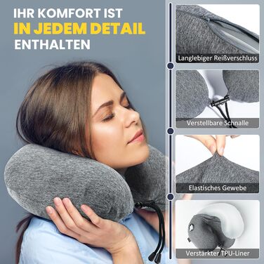 Подушка для шиї HIKENTURE надувна для подорожей літаком/поїздом з чохлом. Зручна подушка-ворітниця для дорослих. Кольори: синій, темно-сірий.