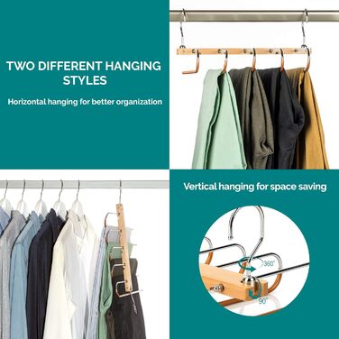 2 Pack Space-Saving Multi-Tiered Hanger - 5 in 1 Pants & Clothes Hanger Made of Wood and Stainless Steel Extendable - Foldable Multi-Hanger - Clothes Hanger Holder - Magic Pant Hangers