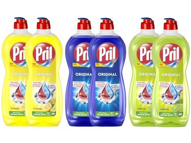 Набір засобів для миття посуду PRIL Original (Лайм, Лимон, Оригінал), 6 шт по 675 мл, висока жиророзчинна дія