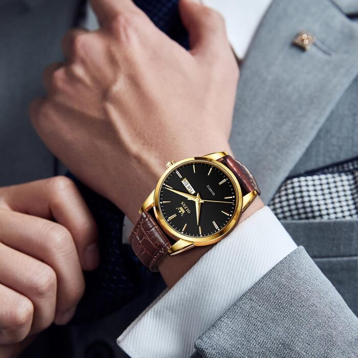 Чоловічий годинник OLEVS з нержавіючої сталі, кварцовий аналоговий годинник, класичний діловий годинник, водонепроникний, з підсвічуванням, з датою, на шкіряному ремінці, чорний циферблат, коричневий ремінь