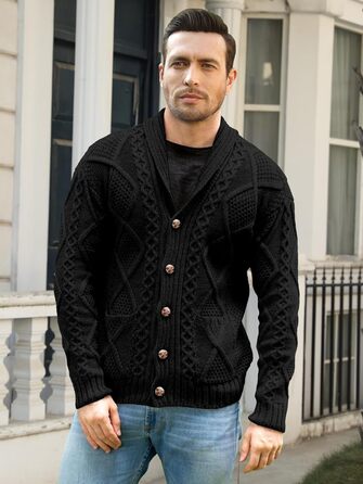 Чоловіча в'язана жилетка Comdecevis з коміром-шарфом, рельєфним в'язанням, на кнопках, з довгими рукавами, кишенями, темно-синього кольору (3XL)