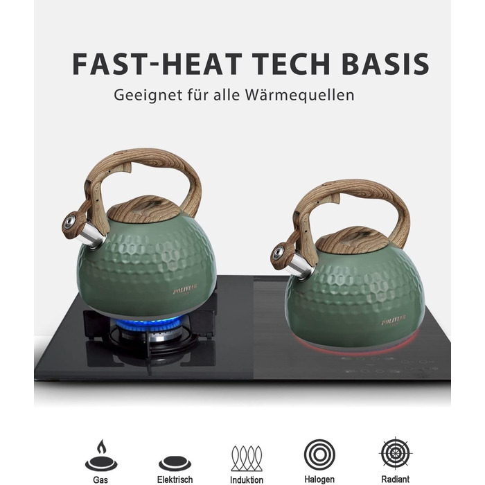 Чайник Poliviar Teekessel Diamant-Grün з нержавіючої сталі, стійкий до корозії та високих температур, підходить для всіх типів плит (JX2020-RH30-DE)