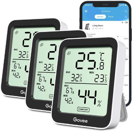 Govee Thermometer Hygrometer, Mini LCD Digital Thermometer Hygrometer Indoor with Notification Alarm, Precise Hygrometer Temperature with APP, Data Storage for Greenhouse Wine Cellar (3 pack)