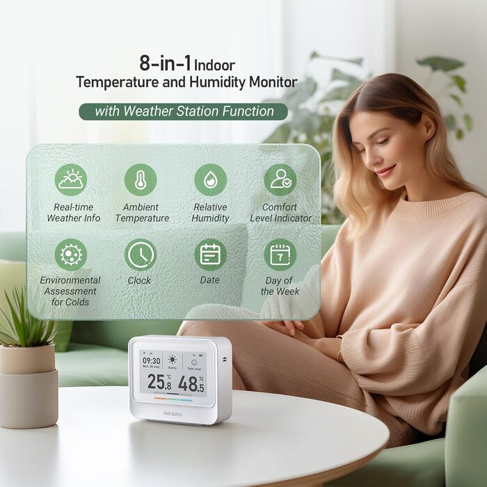 INKBIRD IBS-TH5-WIFI Thermometer, Hygrometer, 8-in-1, WiFi Thermometer, Hygrometer with Electronic Ink Display, Real-Time Weather and Forecast, App Control, Notification Alarm for Home,