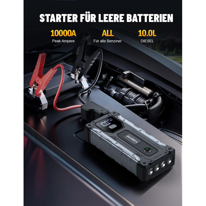 Бустер для автомобіля SHARMEAL 10000A: Потужний пусковий пристрій (Jump Starter) 12V для бензинових та дизельних двигунів до 10.0 л, з LCD-дисплеєм та LED-ліхтарем