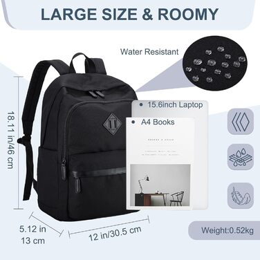 Рюкзак RAVUO для чоловіків та жінок, 15.6 дюймів, водонепроникний, для підлітків, шкільний, туристичний, чорний