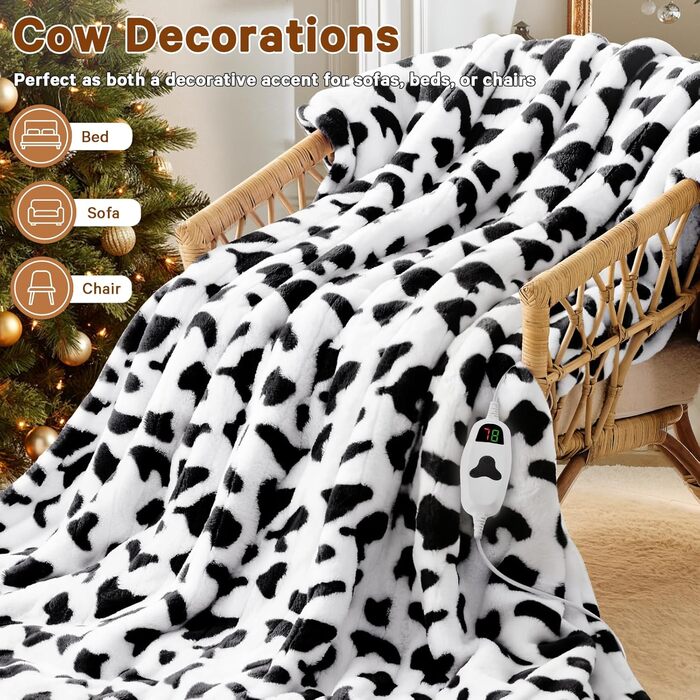 Електрична гріюча ковдра з принтом корів, подвійний розмір, 157 x 213 см, фіолетовий колір, 10 температурних режимів, автоматичне вимкнення через 8 годин, фліс, sherpa, тепла, подарунок для жінок, розмір 62'x84' (72'x84', чорно-біла корова)