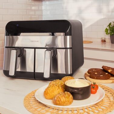 Cecotec Digital Hot Air Fryer with 9L - Cecofry Advance 9000 Inox Air Fryer. 2800W, 2 Containers, 4.5L, Dual Temperature, adjustable from 80-200 ºC, 7 Programs, Multifunctional Touch Panel Dark Stainless Steel 2 Baskets 4.5 Liters