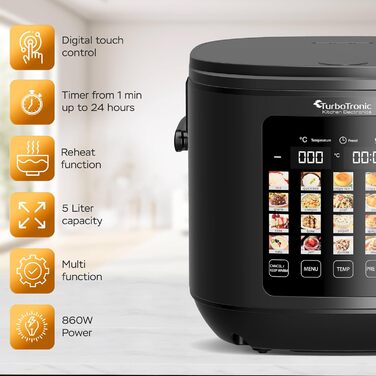 Мультиварка TurboTronic 5л, 20 програм, 860W: електросковорода, пароварка, рисоварка з автоматичним підігрівом та цифровим керуванням