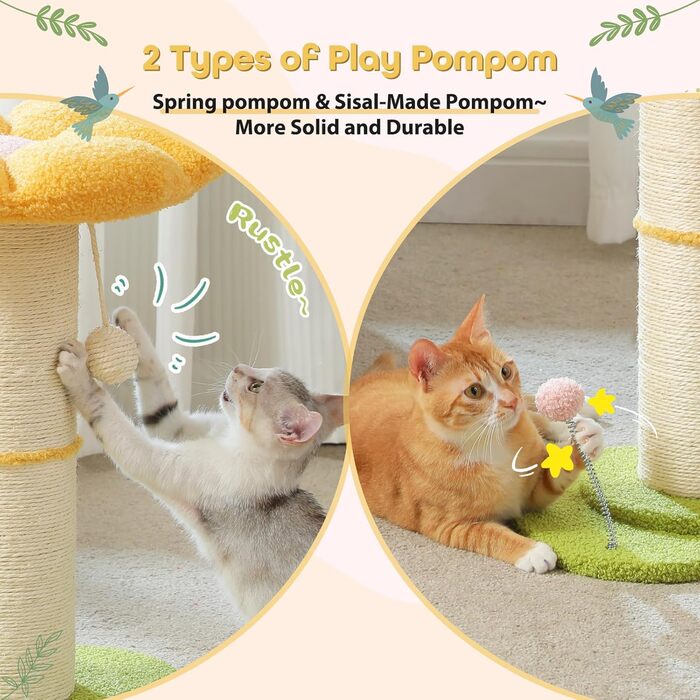 Flower Cat Tree - Small Cat Tree for Indoor Cats with Super Thick Scratching Post [Dia=14cm], Detachable Flower Cat Bed, Feather Ball - (Yellow)