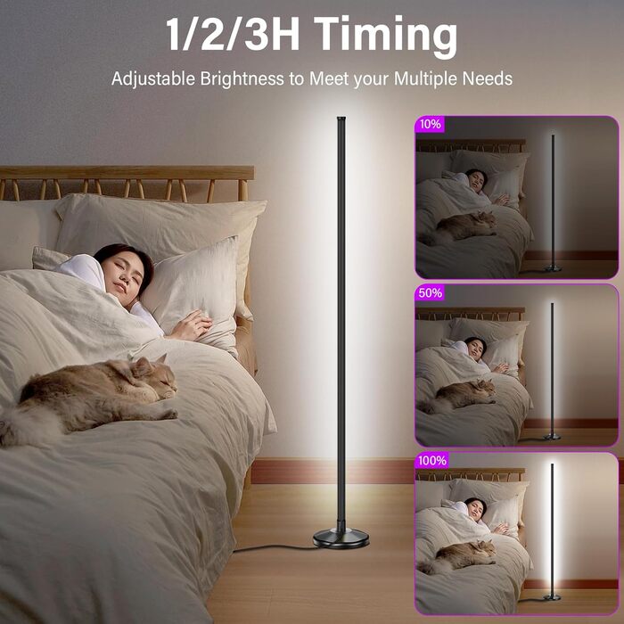 LED торшер для вітальні 145 см RGB, диммування, керування пультом/APP, 16 млн кольорів, 300 режимів, музичний режим, DIY, чорний