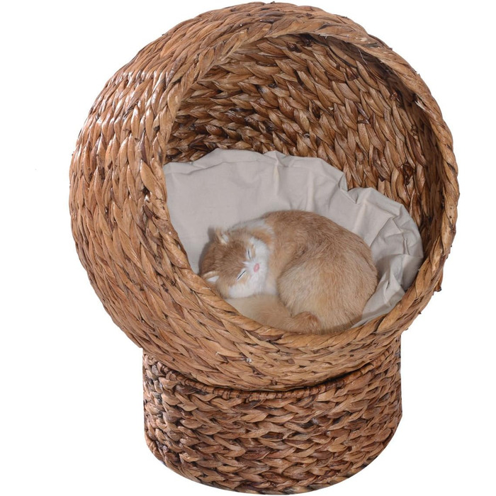 PawHut Rattan Cat Basket Cat Cave Cat House Cat Bed with Cushion Pet Bed Water Hyacinth Brown 50 x 42 x 60 cm